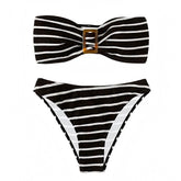 Black & White Striped Bandeau 2 Piece Bikini Set